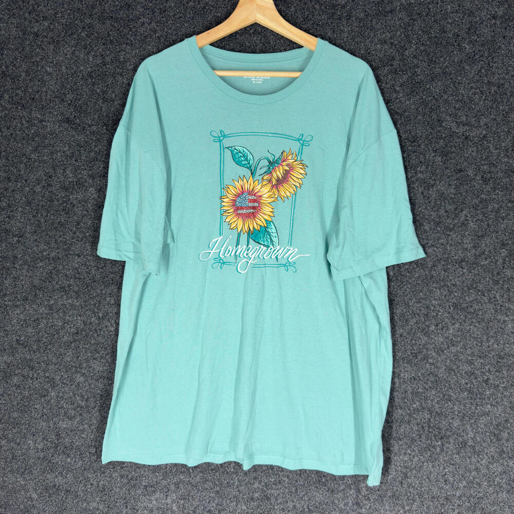 Unbranded T-Shirt Women 2XL Blue Floral Short Sleeve Round Neck Cotton Casual